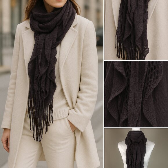 ๐ Deep Plum Ruffled Knit Scarf with Fringe โ Dramatic, Cozy & Boutique-Chic - Picture 10 of 13